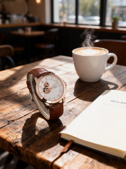 Automatic Watch Minimalist Elegant Everyday Skeleton Waterproof Mechanical Watches Rose Gold Leather Mens Watch Men Gift for Him