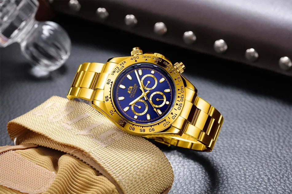 Automatic Mens Watch Self Wind Mechanical Gold Stainless Steel Glacier Ice Blue Dial Chestnut Brown Bezel Luminous Men Watches