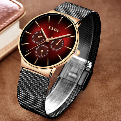 Relógio feminino LIGE, elegante e moderno – Estilo desportivo e descontraído, bracelete em malha, movimento de quartzo, indicação da data e do dia, resistente à água.