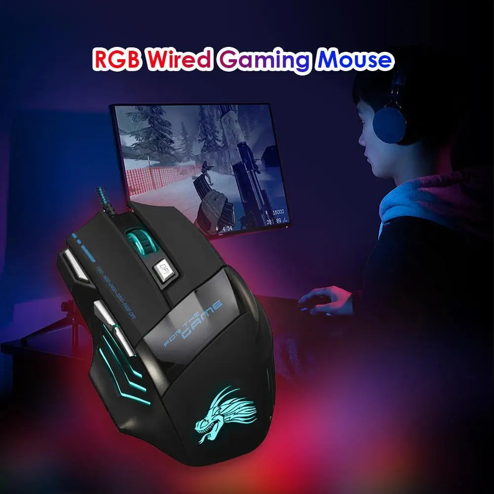 Kabelgebundene Gaming-Maus mit 7-Farben-Hintergrundbeleuchtung, 5500 DPI einstellbar, schwarz, optische kabelgebundene Computer-Gaming-Maus für PC-Gamer und Desktop-Computer