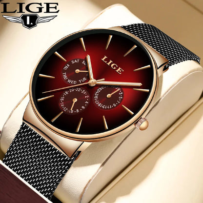 Relógio feminino LIGE, elegante e moderno – Estilo desportivo e descontraído, bracelete em malha, movimento de quartzo, indicação da data e do dia, resistente à água.