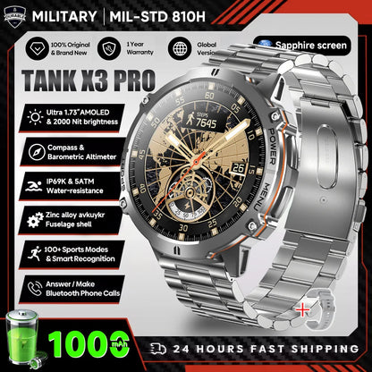 2026 Novo Smartwatch Militar TANK X3 para Homem, Bateria 1000mAh, 10ATM À Prova de Água para Natação, Percurso GPS, Ecrã AMOLED HD de 1.75", Chamadas e Desporto