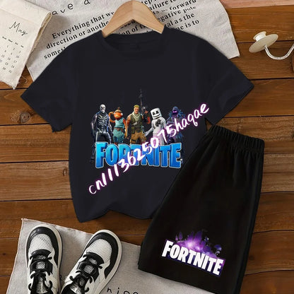 Summer T-shirts 2 pieces Fortnite children's cotton short-sleeved set with cartoon prints, boys' sports shirt, casual top, gift