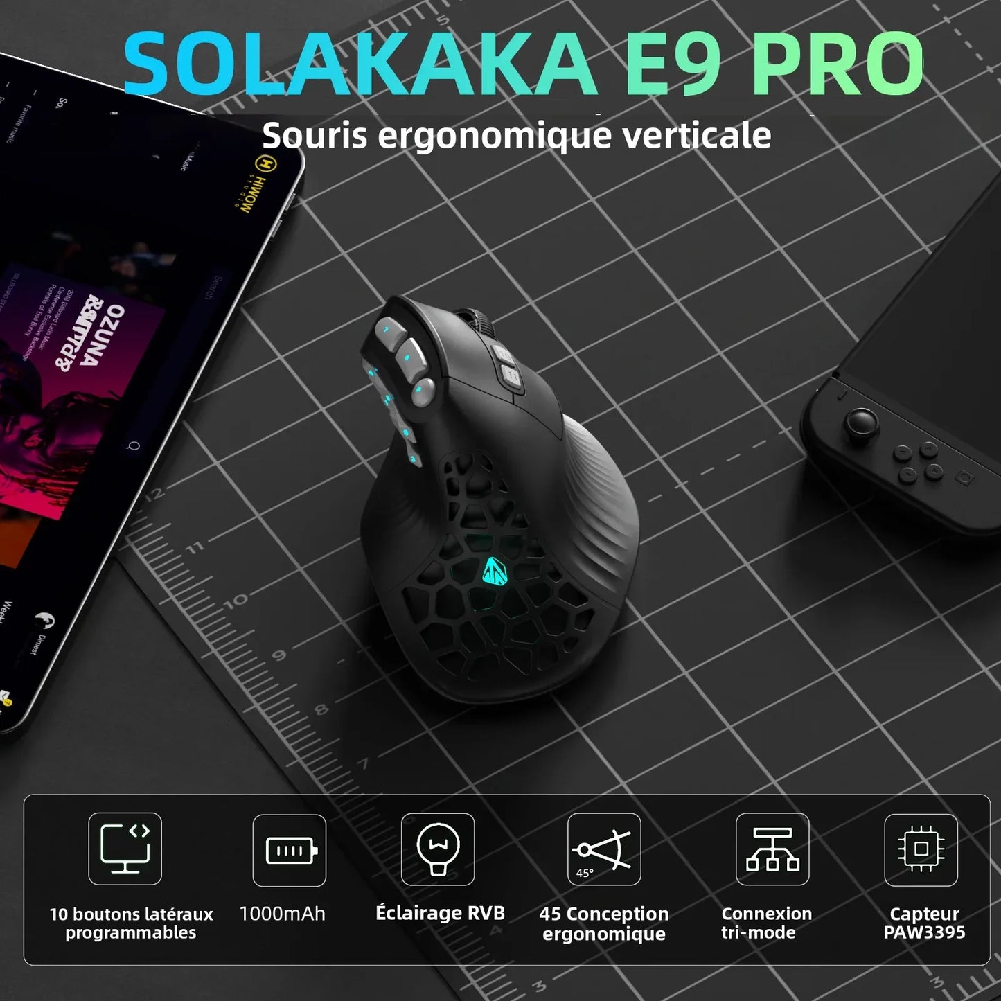 Ratón vertical SOLAKAKA E9 Pro MMO con sensor PAW3395, batería de 1000mAh, agarre vertical de 45°, ratón ergonómico gaming 8k
