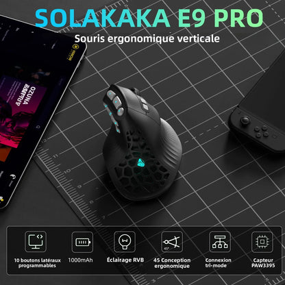 Ratón vertical SOLAKAKA E9 Pro MMO con sensor PAW3395, batería de 1000mAh, agarre vertical de 45°, ratón ergonómico gaming 8k