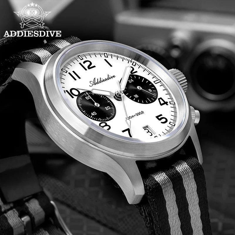 Relógio Masculino ADDIESDIVE 2025 New Panda Eye Retro Luxo VK64 Quartz, Cronógrafo Desportivo, 100M Impermeável, Luminoso
