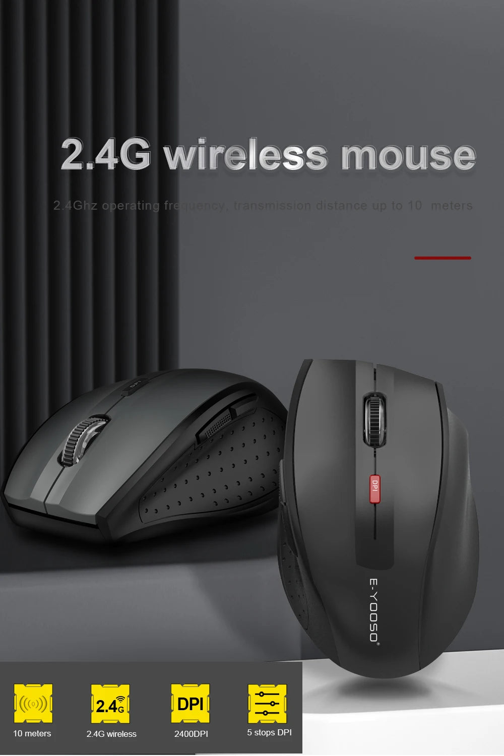 E-YOOSO E-1010 Ratón gaming inalámbrico USB 2.4G, óptico 2400 DPI, ergonómico para oficina, portátil y PC