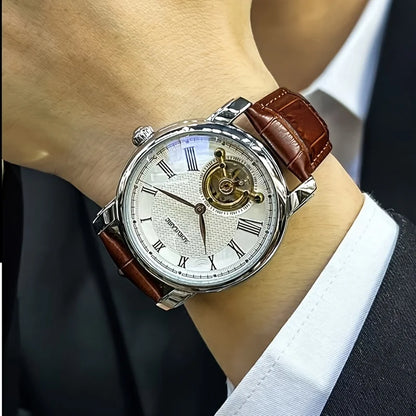 Automatinis mechaninis vyriškas laikrodis – elegantiškas skeleto dizainas, madingas „business casual“ stilius, korpusas iš lydinio ir odinis dirželis, be baterijos