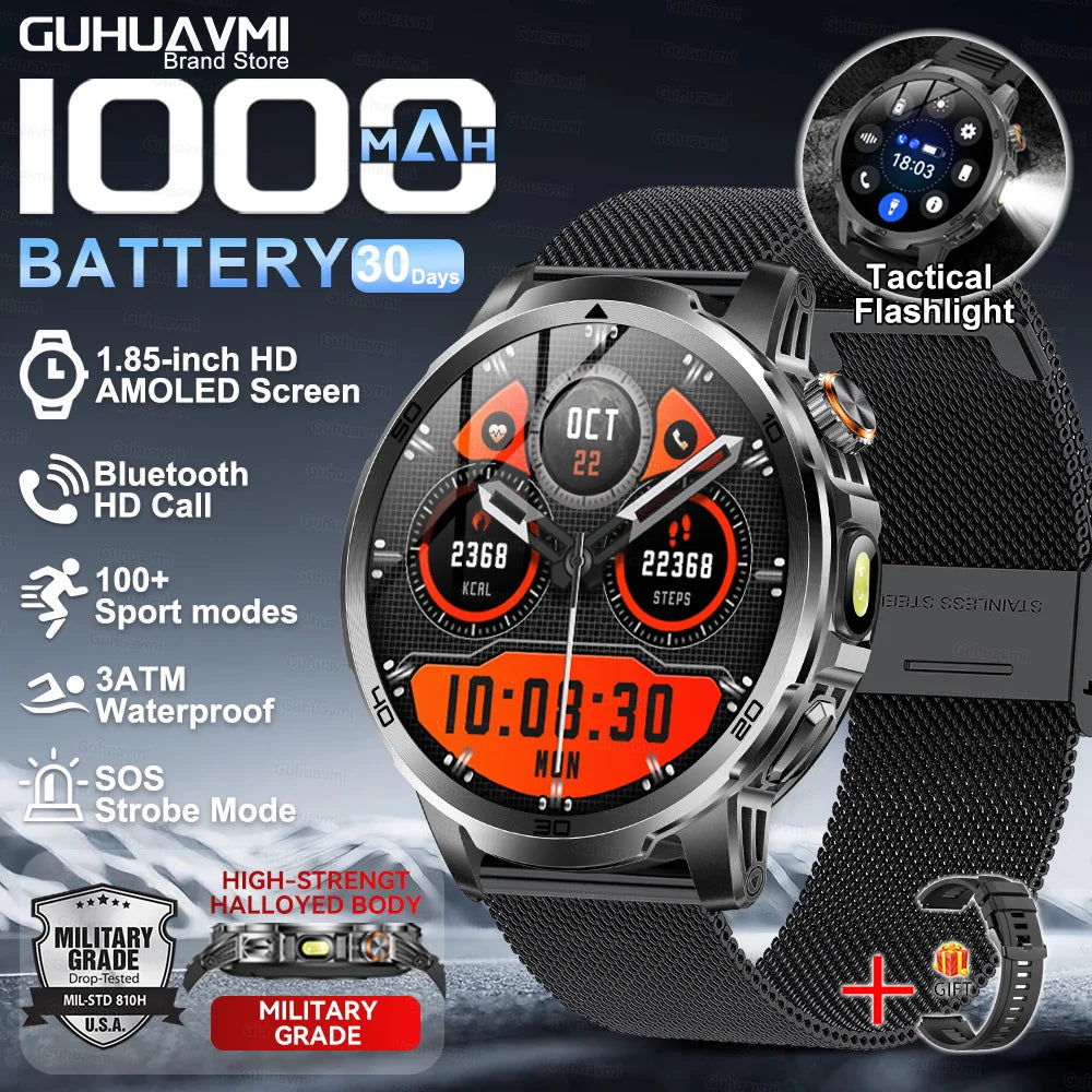 2026 New Military Outdoor Smart Watch 1.85‘’ AMOLED 1000mAh Large Battery 5ATM Waterproof Voice Call Sports Men Fitness Bracel