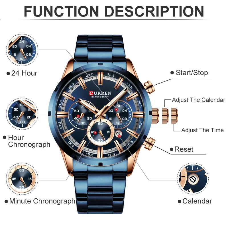 CURREN Top Brand Luxury Military Leather Wrist Watch Casual Sport Watches for Men Blue Man Clock Fashion Chronograph Wristwatch