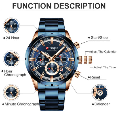 CURREN Top Brand Luxury Military Leather Wrist Watch Casual Sport Watches for Men Blue Man Clock Fashion Chronograph Wristwatch