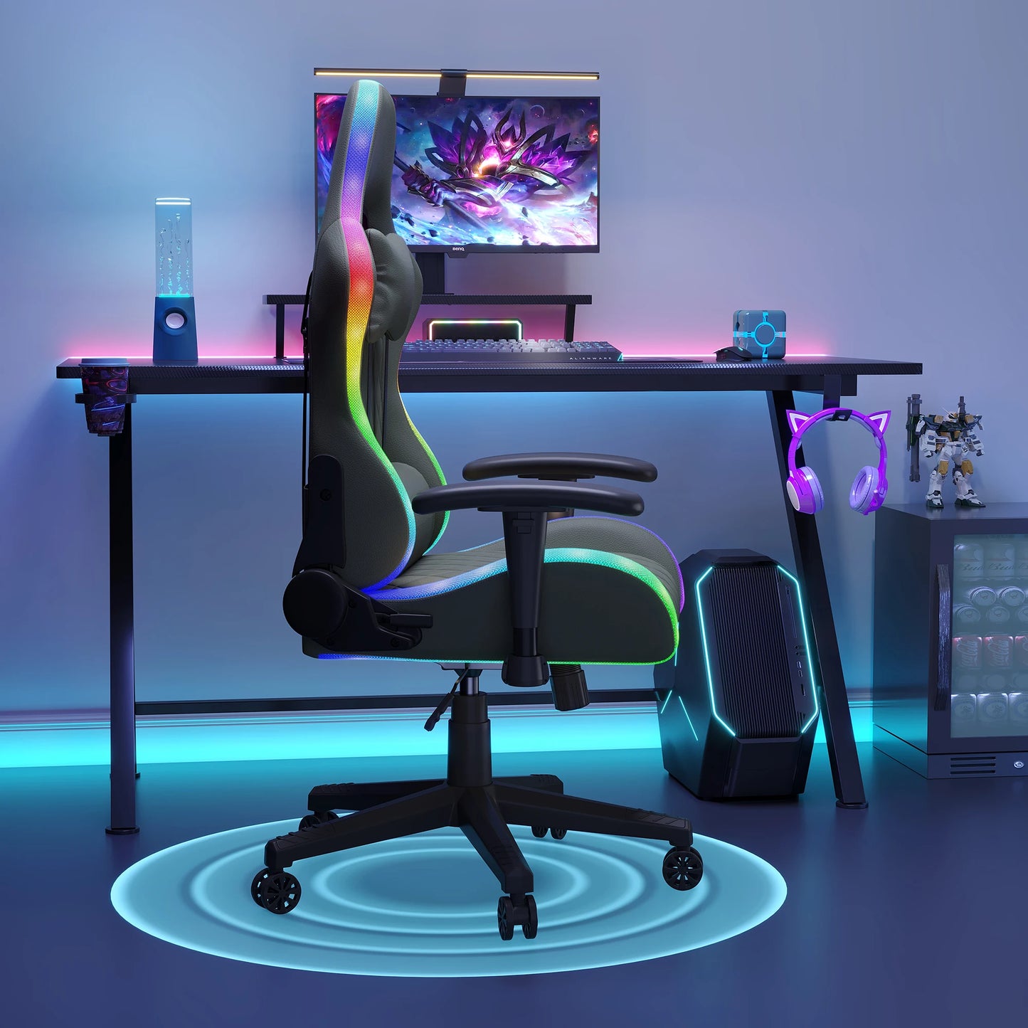Gaming Chair,Ergonomic Gaming Chair with LED,Adjustable Computer Chair for Teenagers,Lumbar Cushion,Gamer Chair,Black