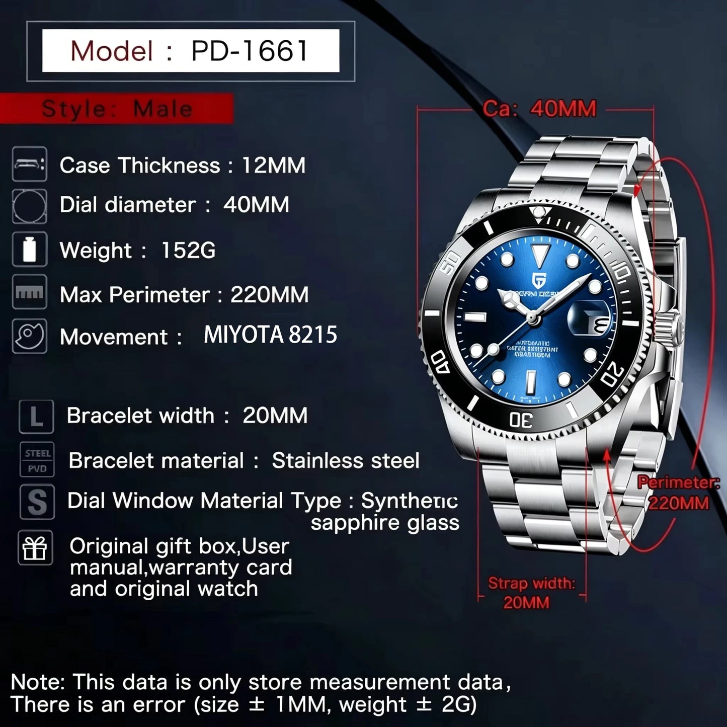 PAGANI DESIGN Men Automatic Mechanical Watch PD1661 8215 Dive Stainless Steel Waterproof Clock Sapphire Reloj Hombre