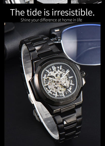 LONGLUX HOT SALE automatic mechanical men watch wholesale no logo waterproof skeleton business  stainless steel gift watch