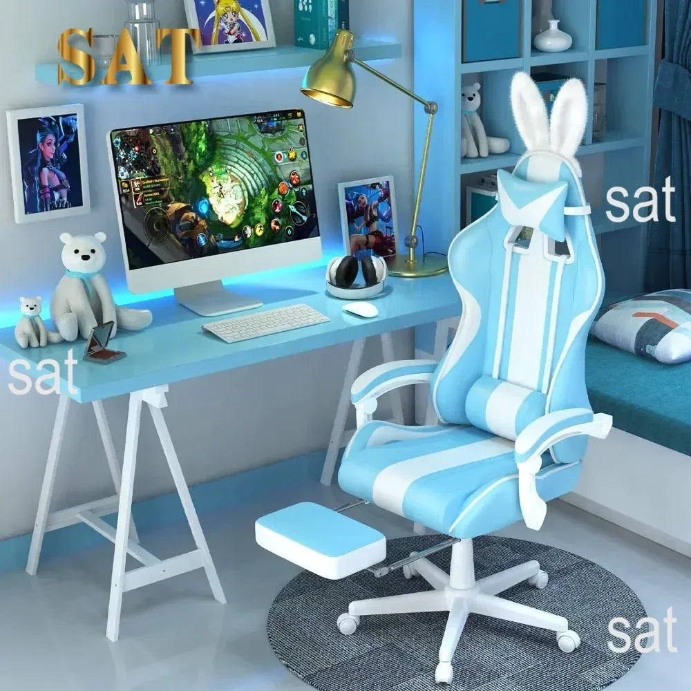 Kawaii Light Blue Gaming Chair with Bunny Ears, Ergonomic Cute Gamer Chair with Footrest, Massage Function, Reclining Racing Style Computer Chair