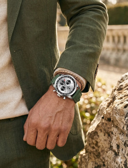 Luxusní pánské hodinky GOLDENHOUR – křemenný chronograf, zelený ciferník, kožený řemínek, vodotěsné, luminiscenční, vojenský a sportovní styl
