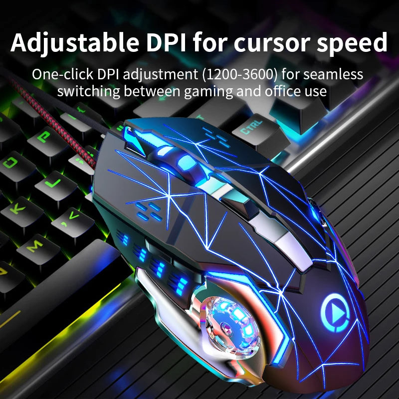 Rato Gaming USB com Fio, 6 Botões, Retroiluminado, Ergonómico, DPI Ajustável, Rato Ótico para PC Gamer e Computador de Secretária