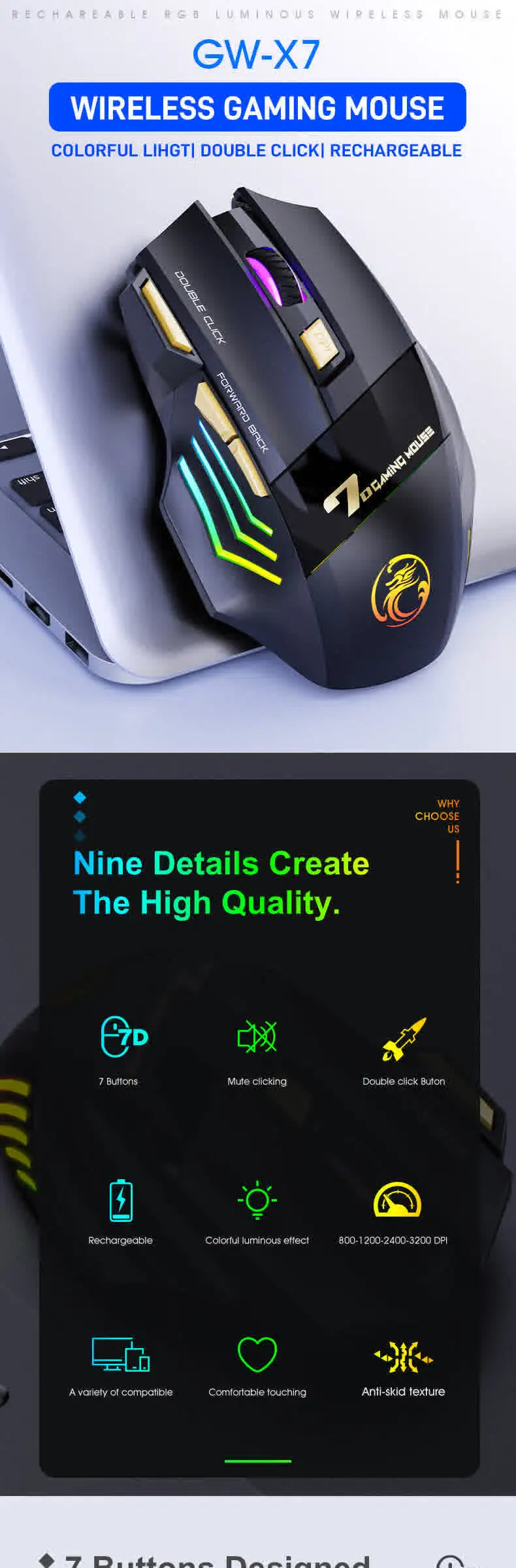 Belaidė Bluetooth pelė, įkraunama kompiuterinė pelė žaidėjams, ergonominė gaming pelė su RGB apšvietimu, tyli pelė PC kompiuteriui