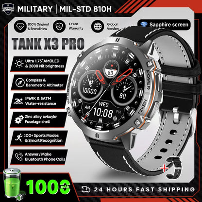 2026 Novo Smartwatch Militar TANK X3 para Homem, Bateria 1000mAh, 10ATM À Prova de Água para Natação, Percurso GPS, Ecrã AMOLED HD de 1.75", Chamadas e Desporto