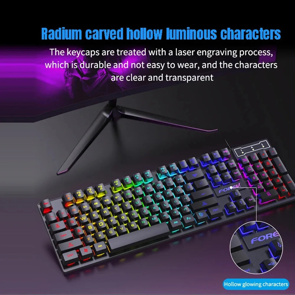 Teclado Gaming com Fio de 104 Teclas com Sensação Mecânica para Portátil e PC, Ergonómico, Retroiluminado RGB, 61 Teclas, Switches Cyan e Keycaps