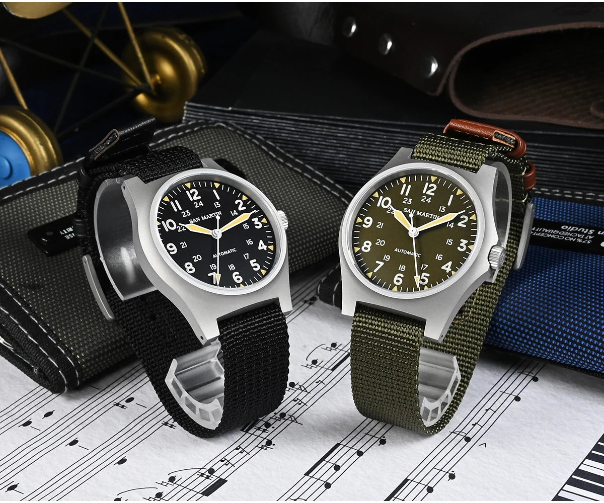 San Martin Pilot Watch 38mm NH35 Retro Military Automatic Mechanical Wristwatch Bead Blasted Case Waterproof 100m SN0137