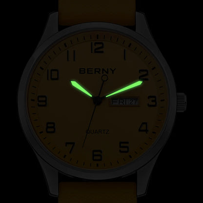 BERNY Men's Watches Luminous Calendar Week Quartz Men Watch Casual Soft Silicone Strap Easy Read Big Dial Sports Wristwatch