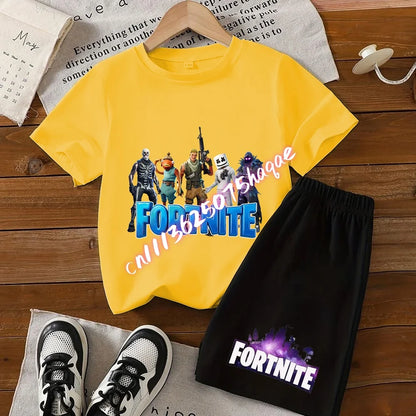 Summer T-shirts 2 pieces Fortnite children's cotton short-sleeved set with cartoon prints, boys' sports shirt, casual top, gift