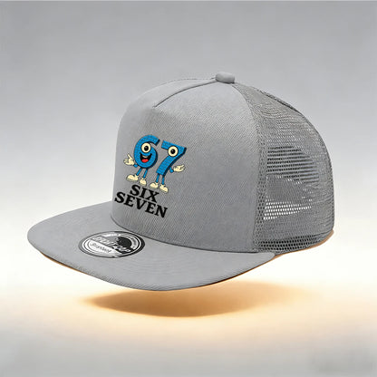 1/2PC Flat Brim Mesh Trucker Hat, Breathable, Cartoon 67 SIX SEVEN Anthropomorphic Print, Retro Streetwear for Men Women