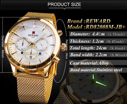 REWARD Business Watches Quartz Movement Fashion Men Gold Stainless Steel Watch Luxury Calendar Quartz Wrist Watch
