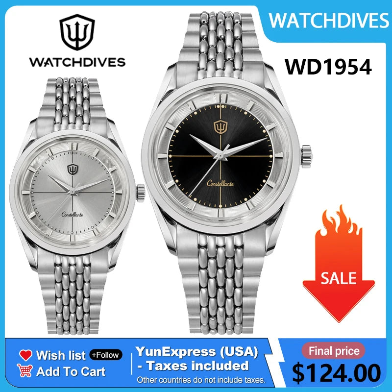 Watchdives WD1954 Arctic Classic 36mm Watch VH31Sweep Second Movement 316L Stainless Steel Watches Sapphire Crystal Luminova