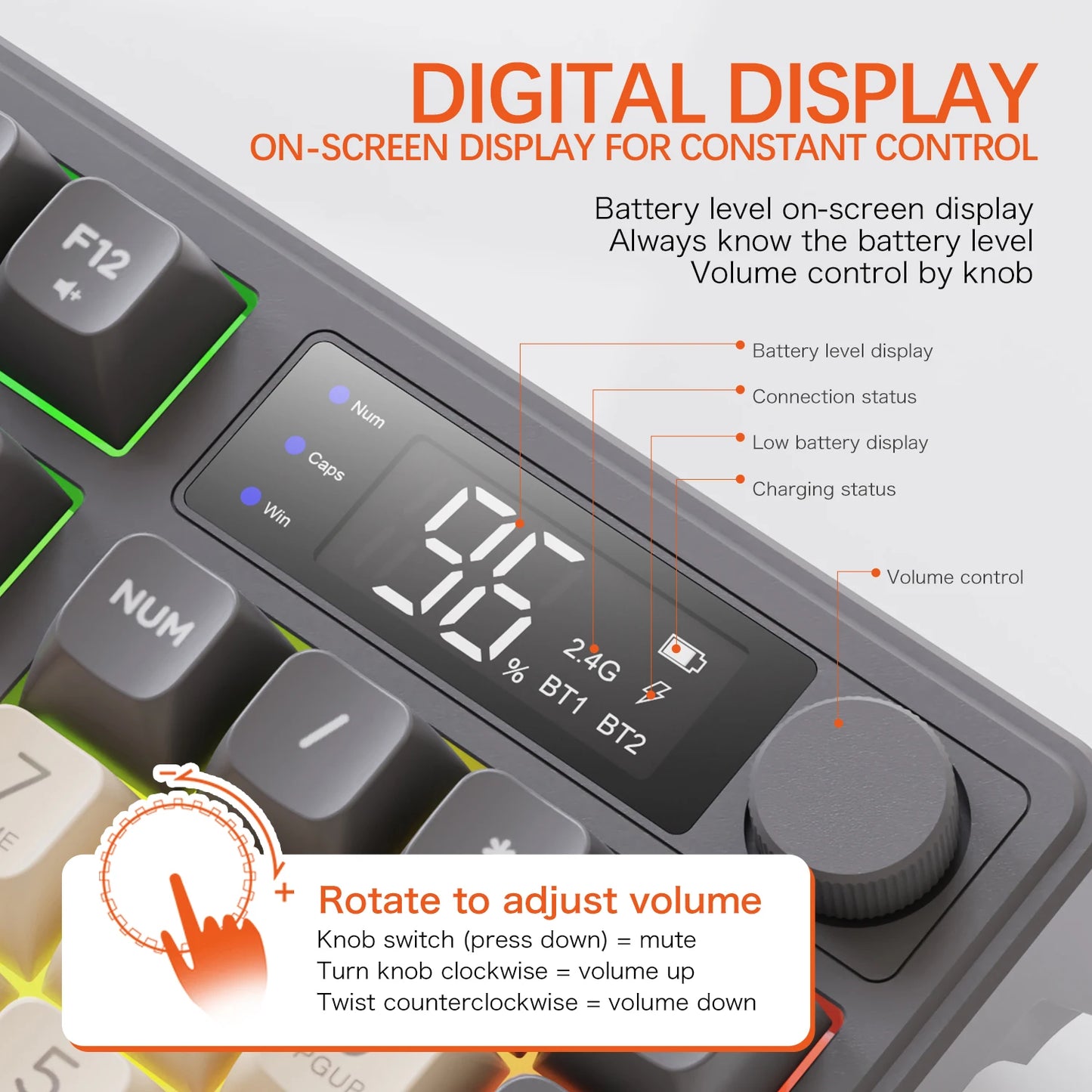 M96 Bluetooth-Tastatur Kabellose FREEWOLF Bildschirm-Gaming-Tastatur, elektronischer Bildschirm, Multi-Device-Verbindung, ergonomisches Gaming