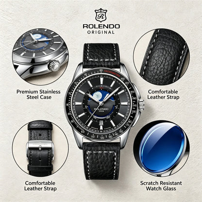 ROLENDO 1908 Men Automatic Mechanical Watch 21 Jewels Black Genuine Leather Business Wristwatch Waterproof Luxury Male Timepiece
