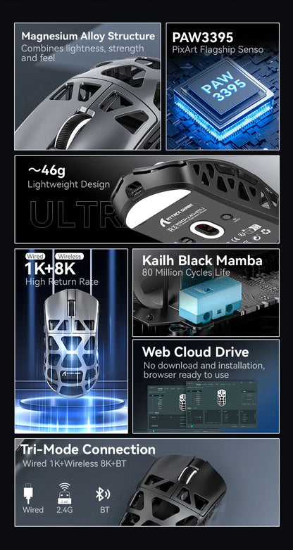 ATTACK SHARK R3 Gaming Mouse Magnesium Alloy Honeycomb,Ultra-Lightweight 8K Hz, PAW3395 Sensor, 26000 DPI, Ergonomic Shel