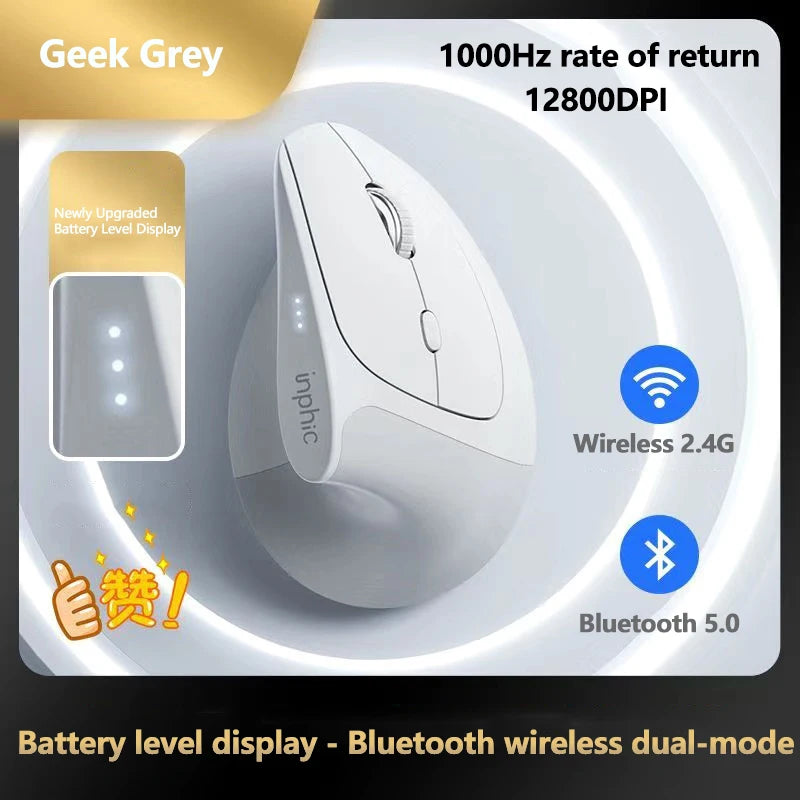 Mouse wireless verticale Inphic X9 PRO, ricarica rapida Type-C, ergonomico e silenzioso, mouse da ufficio per laptop, PC, computer e gaming