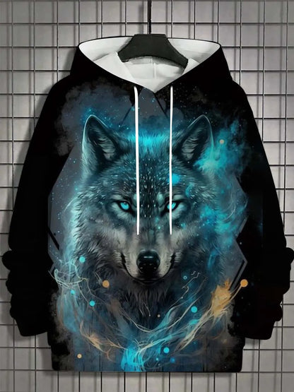2025 Fashion Men's Autumn Wolf Printed Comfortable Soft Hooded Sports Shirt Outdoor City Street Top