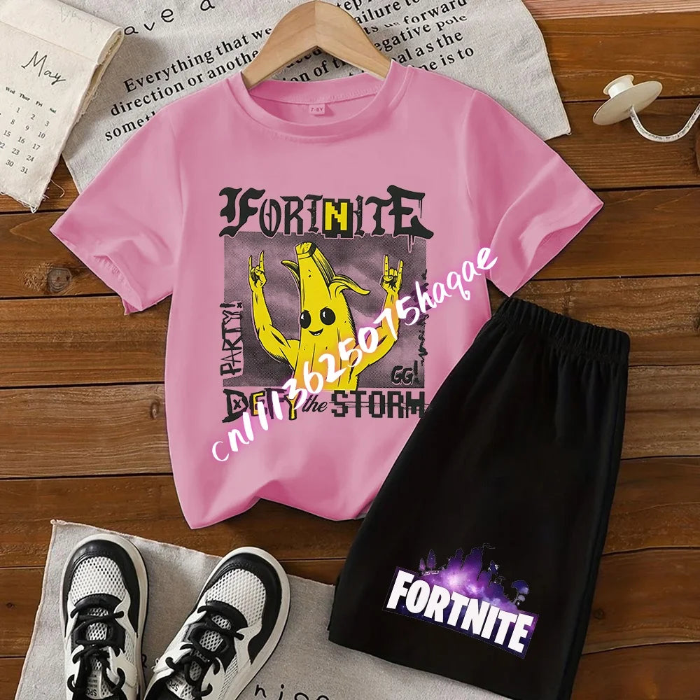 Fortnites Series T-shirt Shorts Suit for Children Hot Game Top and Pants Set Summer Cute Home Loungewear Outfit Birthday Gift