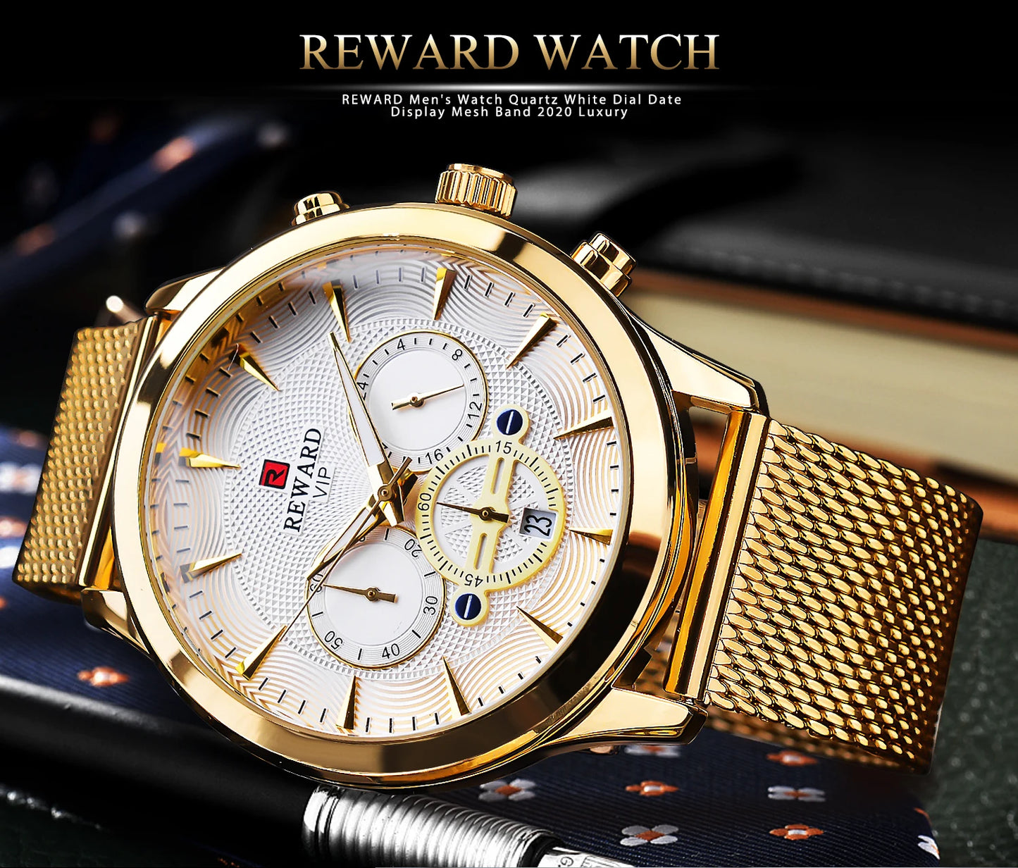 REWARD Business Watches Quartz Movement Fashion Men Gold Stainless Steel Watch Luxury Calendar Quartz Wrist Watch