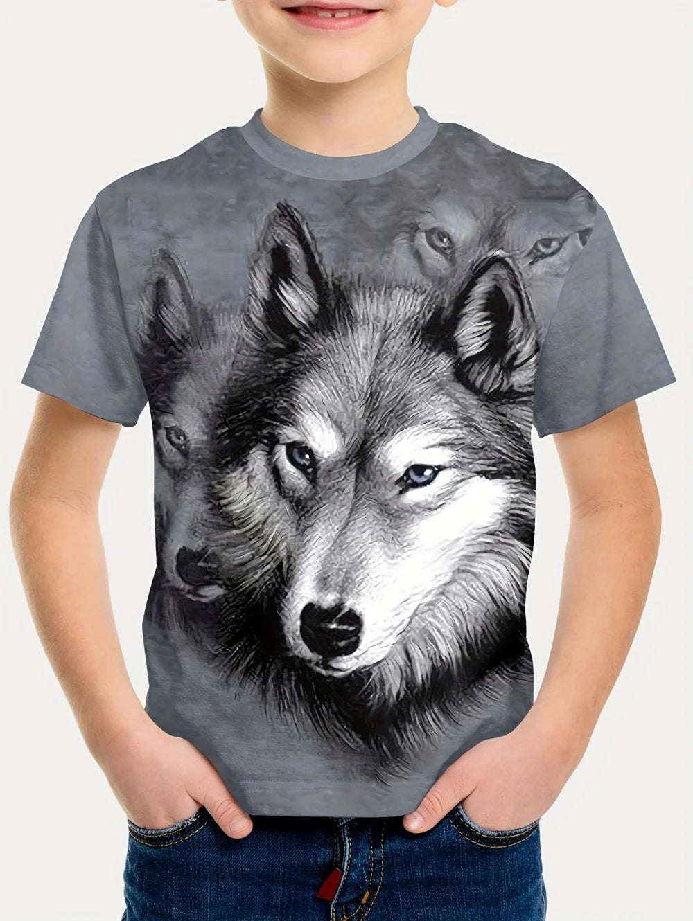 Children's T-Shirt Cool Wolf Pattern Boys' Short Sleeve Tee Summer New Round Neck Children's T-Shirt Fashion Children's Clothing
