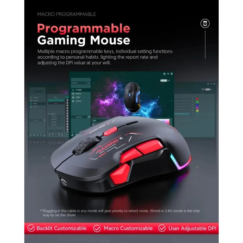 MKESPN W12 10-Tasten-Makro-Gaming-Maus, beidhändig, kabellos, Bluetooth, Mehrkanal, Tri-Mode, großes RGB, ergonomisch, beidhändig