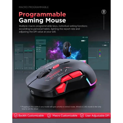 MKESPN W12 10-Tasten-Makro-Gaming-Maus, beidhändig, kabellos, Bluetooth, Mehrkanal, Tri-Mode, großes RGB, ergonomisch, beidhändig
