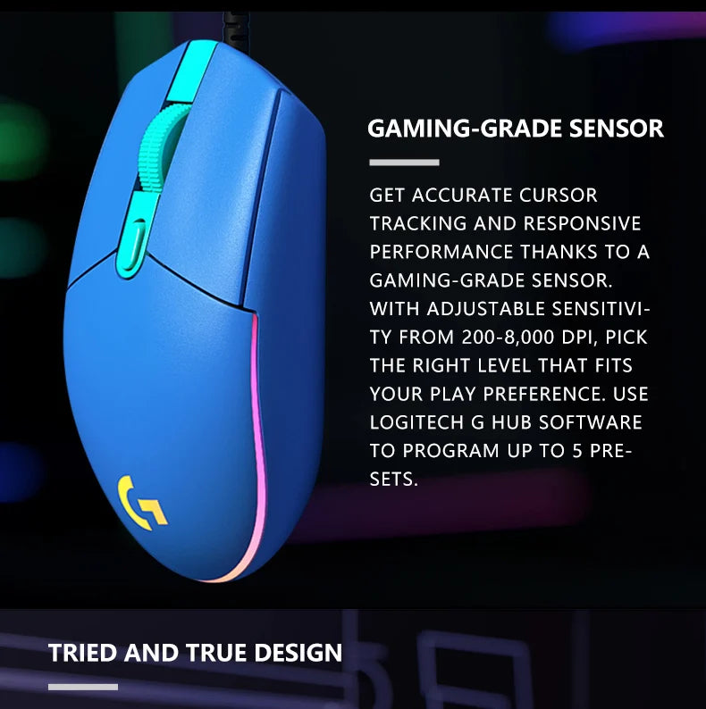 Logitech G203 жична геймърска мишка, Esports-клас, 6 програмируеми бутона и многоцветно осветление за състезателни игри