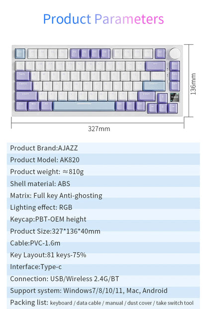 AJAZZ AK820 / AK820Pro Gaming Mechanical Keyboard 75% 82 Keys Wired Single Mode/Bluetooth Wireless Gamer Keyboard for Laptop PC