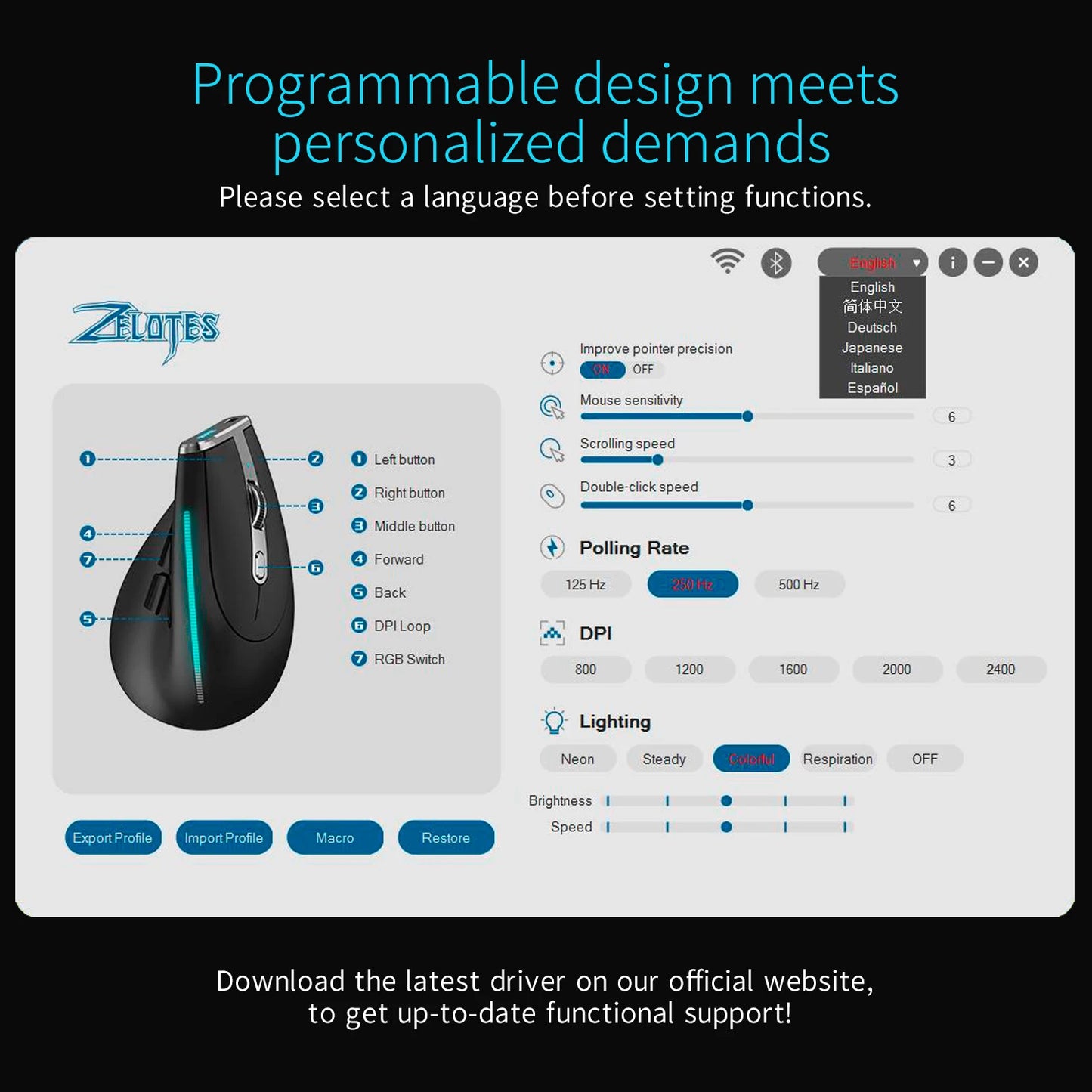 ZELOTES F36 Vertical Wireless Mouse Bluetooth Ergonomic Mice Rechargeable Programmable Gaming Mouse 2.4G 2400DPI for Laptop PC