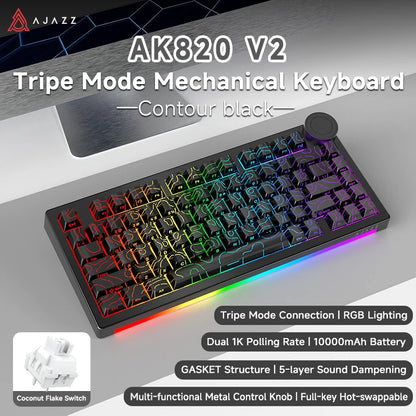 AJAZZ AK820 V2 / AK820 V2 Pro Gaming Mechanical Keyboard 75% ABS 82 Keys 10000mAh Wireless Tri-mode Gamer Keyboard for Laptop PC