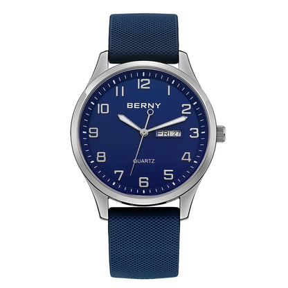 BERNY Men's Watches Luminous Calendar Week Quartz Men Watch Casual Soft Silicone Strap Easy Read Big Dial Sports Wristwatch