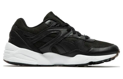 Puma R698 75Y, baskets en cuir et tissu, chaussures de ville confortables à tige basse, baskets noires et blanches, 393403-01.