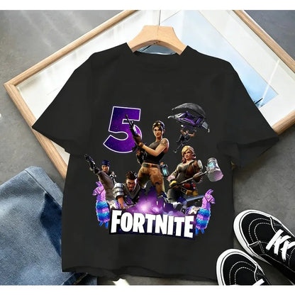 Dziecięca koszulka urodzinowa Fortnites z numerem dla dziewczynek i chłopców, letnia bawełniana koszulka dla niemowląt, imprezowy top z krótkim rękawem, prezent dla malucha