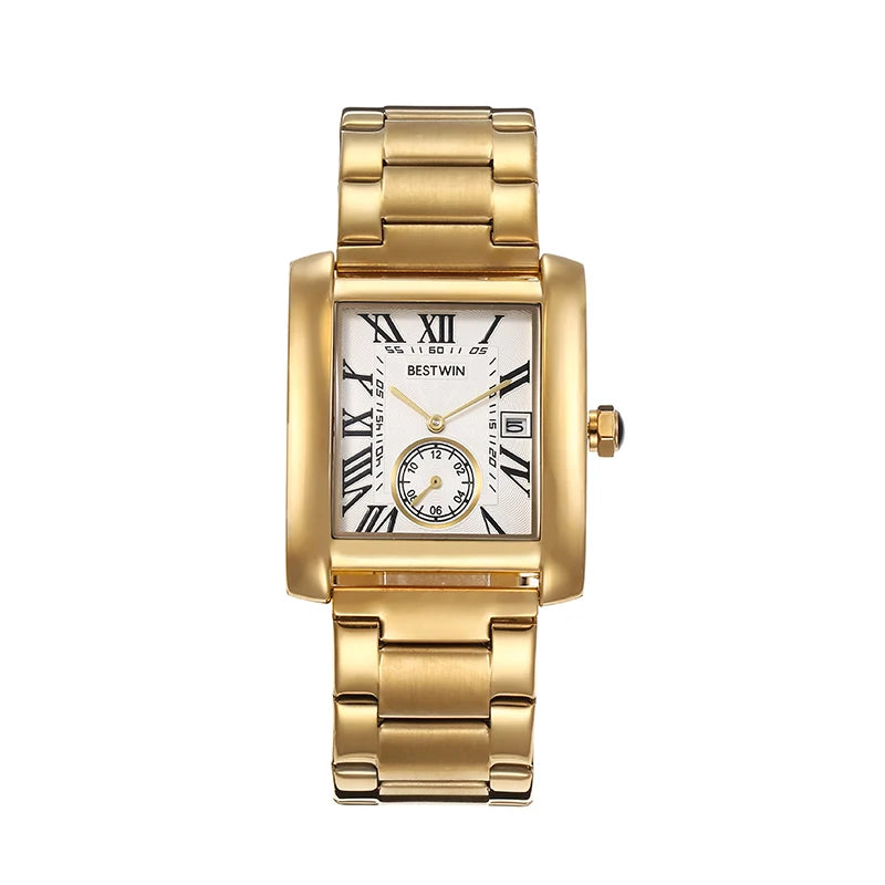 Luxury Men's Watch Men's Gold White Roman Digital Quartz Watch Metal Strap Rectangle Classic Brand Watch Business Men's Clock
