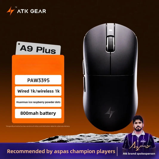 Ratón gaming inalámbrico Bluetooth ATK Dragonfly A9, diseño ergonómico, respuesta rápida, PAW3950 Ultra, 800mAh, ligero, 8KHz, esports