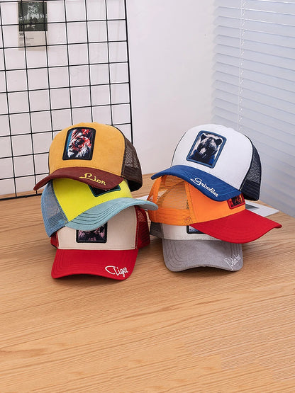 Unisex Mesh Cap Lion Pattern Patch Design Suede Hat Women And Men Summer Animal Baseball Cap Fashion Trucker Hat